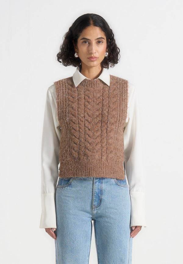 Danya - Wool Cable Knit Vest With Ties - Taupe