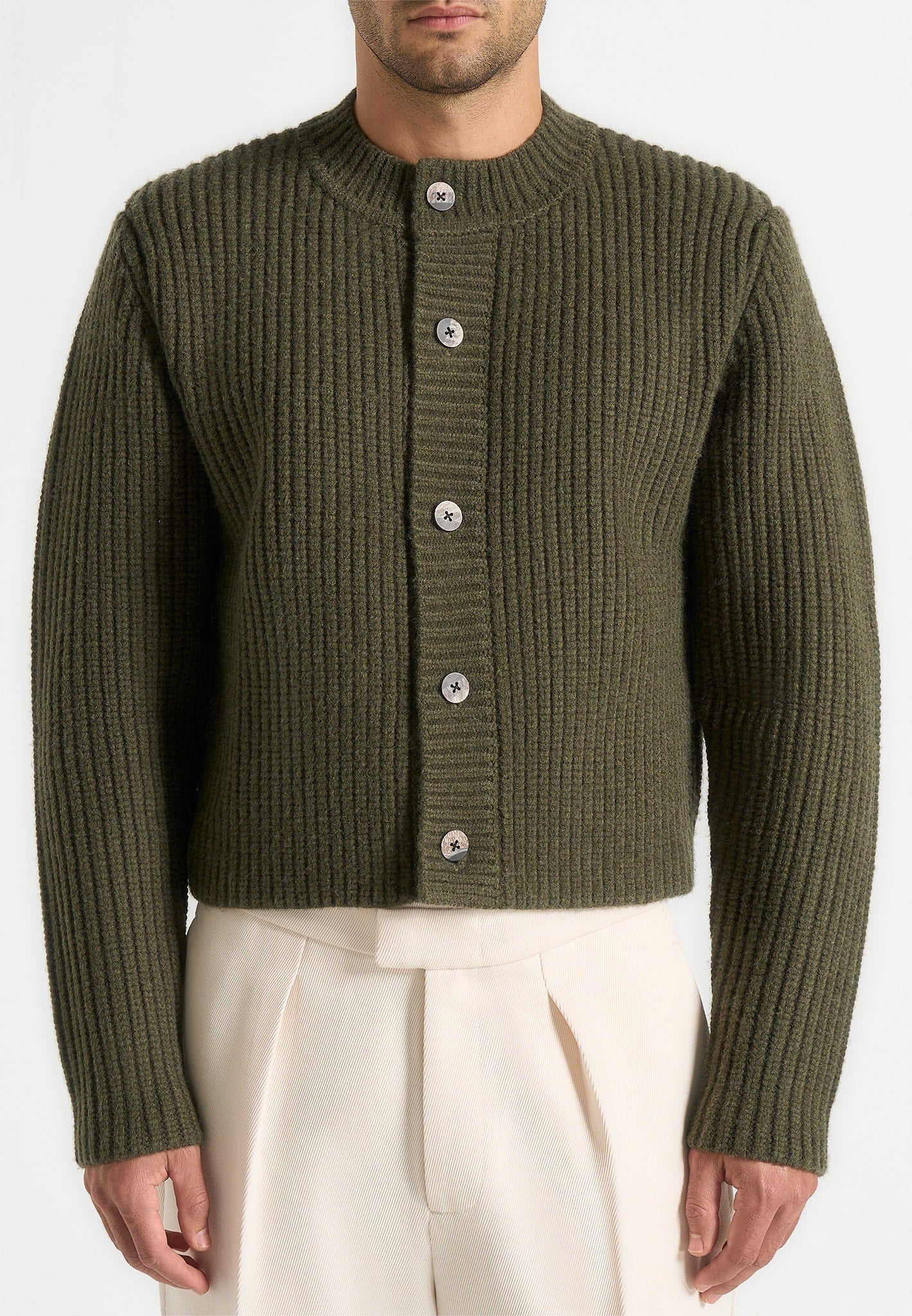 Alix - Unisex Crewneck Ribbed Knit Cardigan - Olive