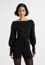 Raya - Off Shoulder Knitted Playsuit With Belt - Black