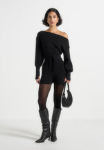 Raya - Off Shoulder Knitted Playsuit With Belt - Black