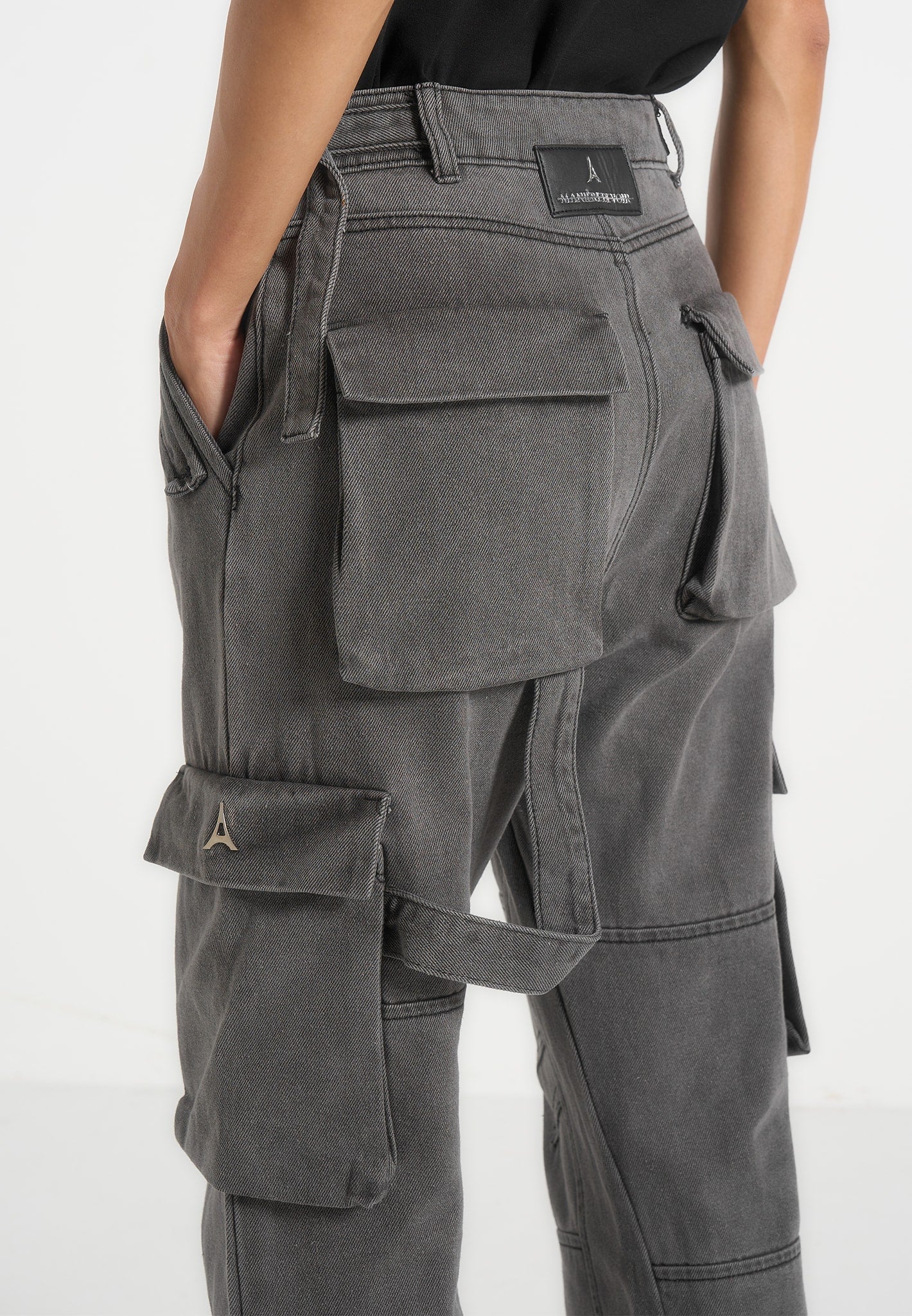 Mid Rise Cargo Pants - Washed Grey