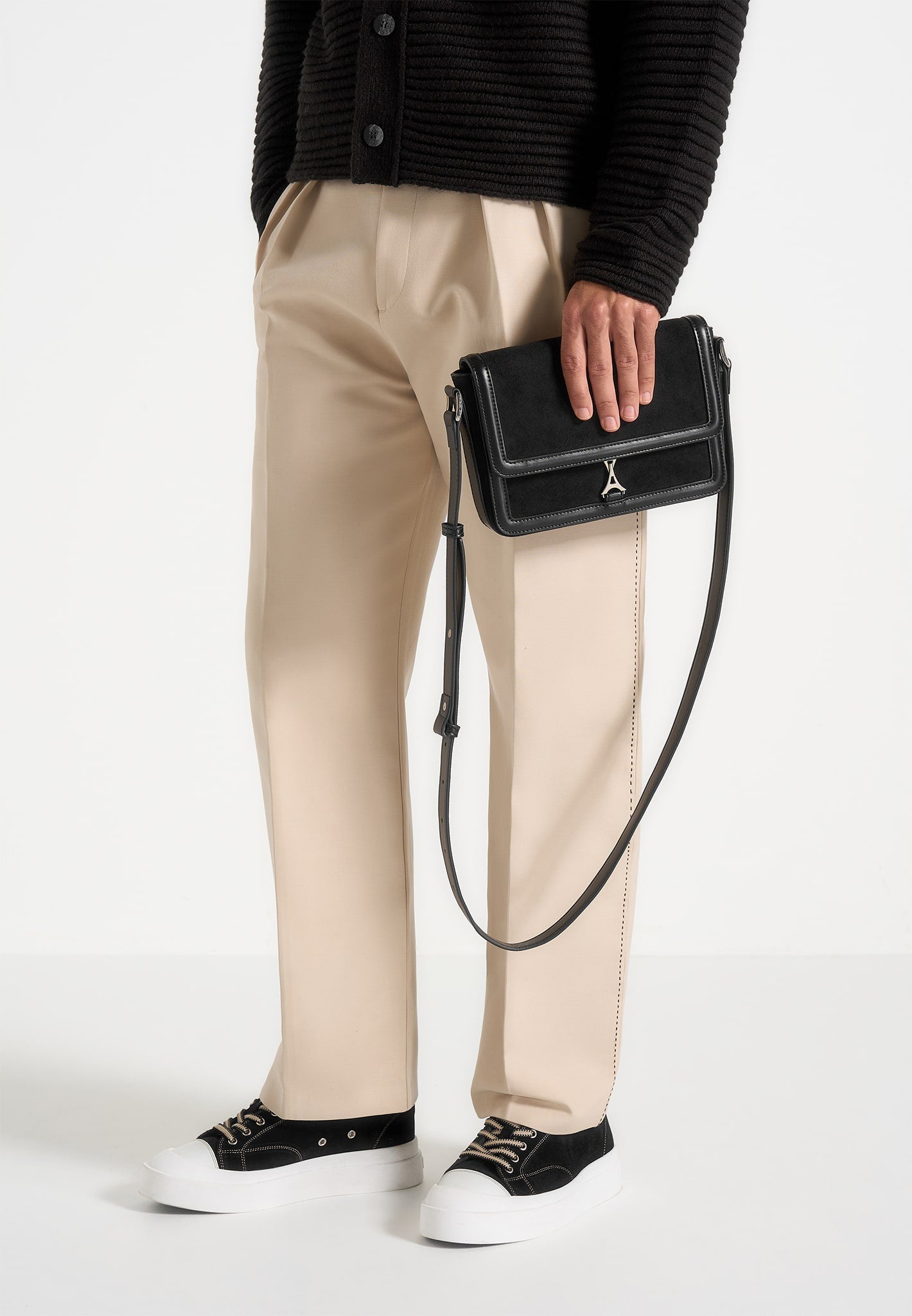 AC003 - Suede & Leather Crossbody Bag - Black