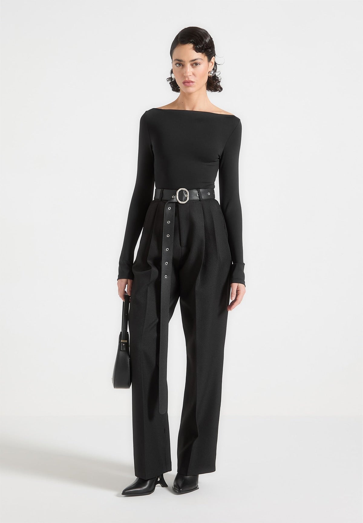 Suzanne - Tailored Pants with Oversized Belt and Ankle Ties - Black