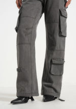 Mid Rise Cargo Pants - Washed Grey