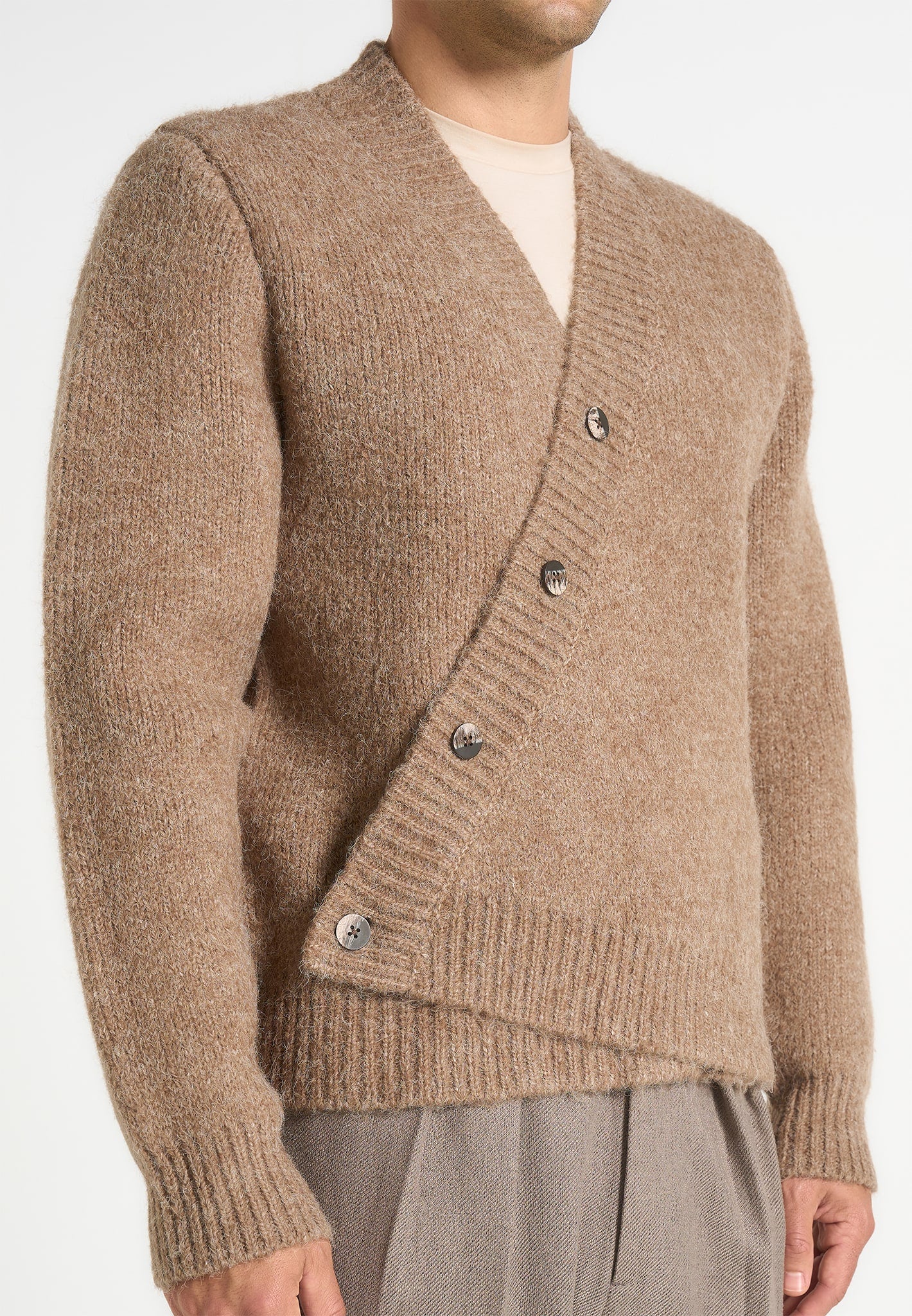 Dani - Unisex Asymmetric Brushed Wool Knit Cardigan - Taupe