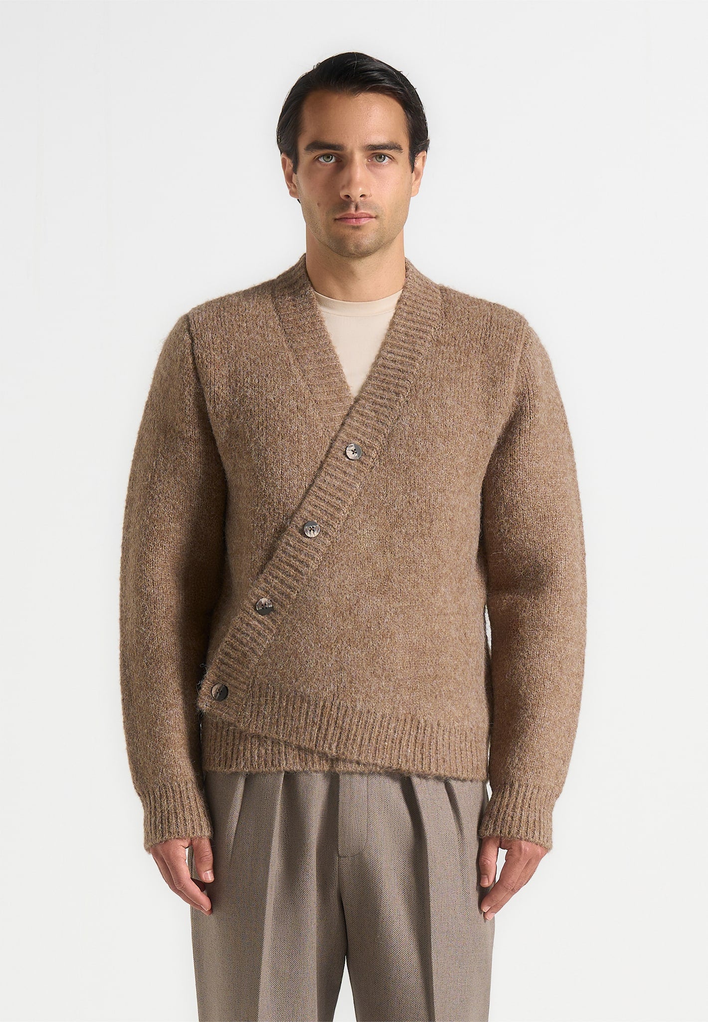 Dani - Unisex Asymmetric Brushed Wool Knit Cardigan - Taupe