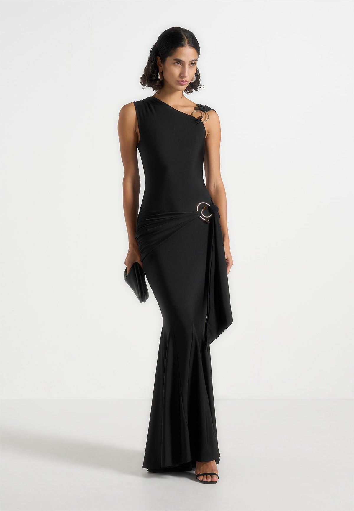 Rania - Asymmetric Draped Maxi Dress - Black