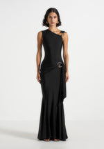 Rania - Asymmetric Draped Midaxi Dress - Black