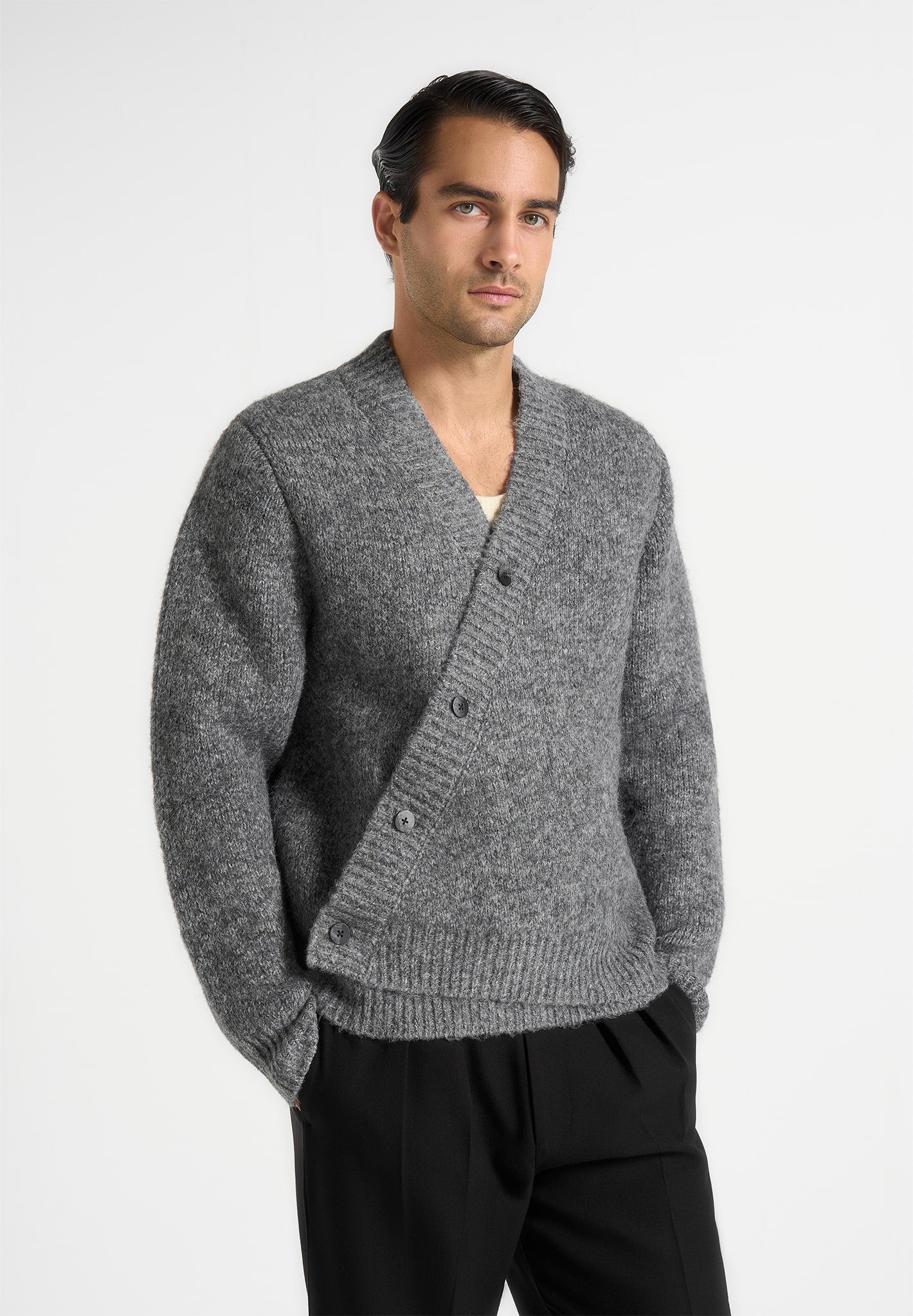 Dani - Unisex Asymmetric Brushed Wool Knit Cardigan - Grey