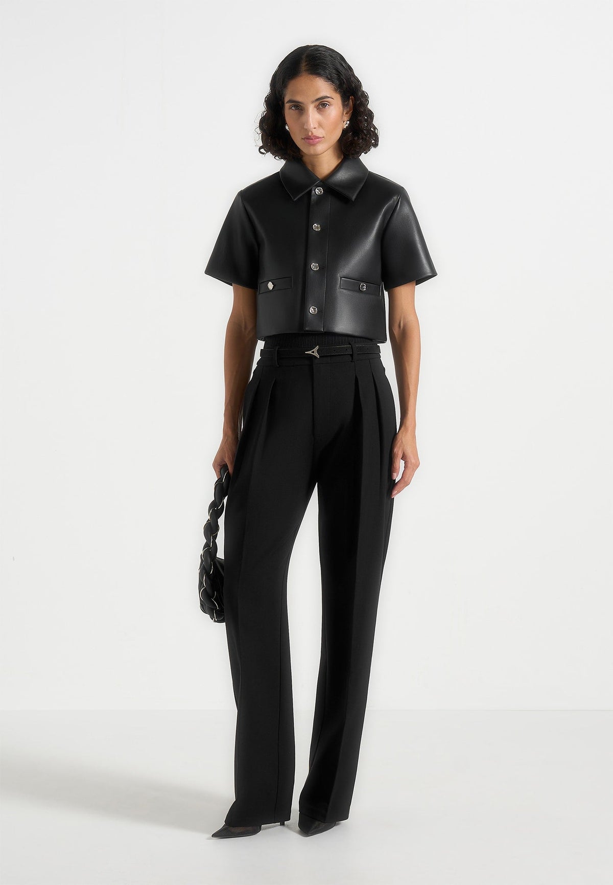 Dory - Leather Cropped Shirt - Black