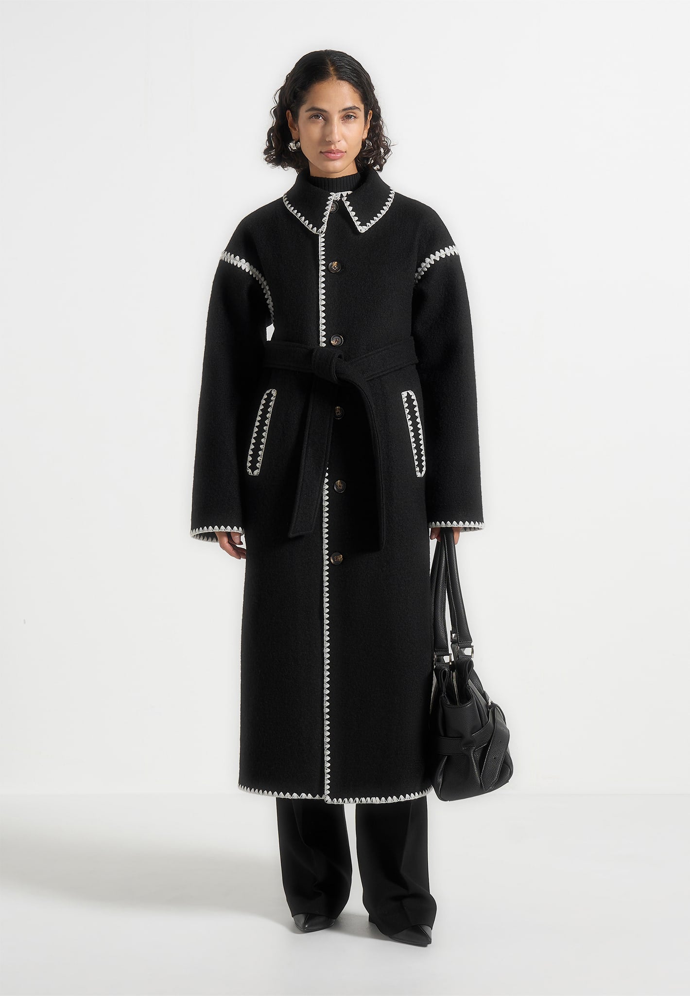 Elora - Wool Blanket Stitch Belted Longline Coat - Black
