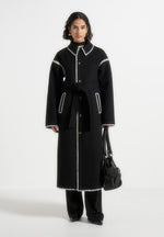 Elora - Wool Blanket Stitch Belted Longline Coat - Black