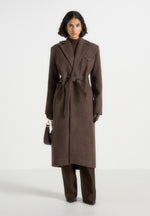 Jena - Wide Shoulder Wool Coat with Cinch Belt - Brown