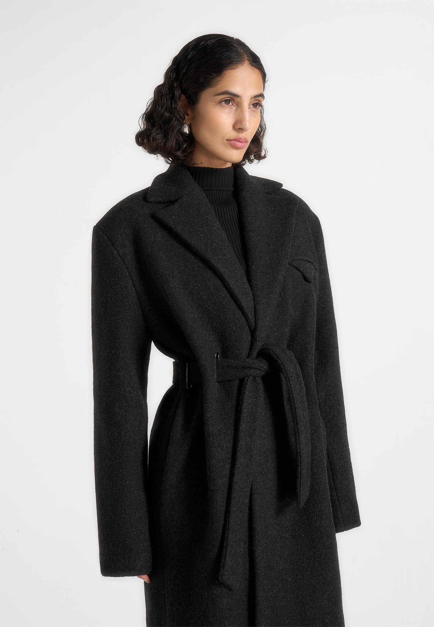 Jena - Wide Shoulder Wool Coat with Cinch Belt - Black