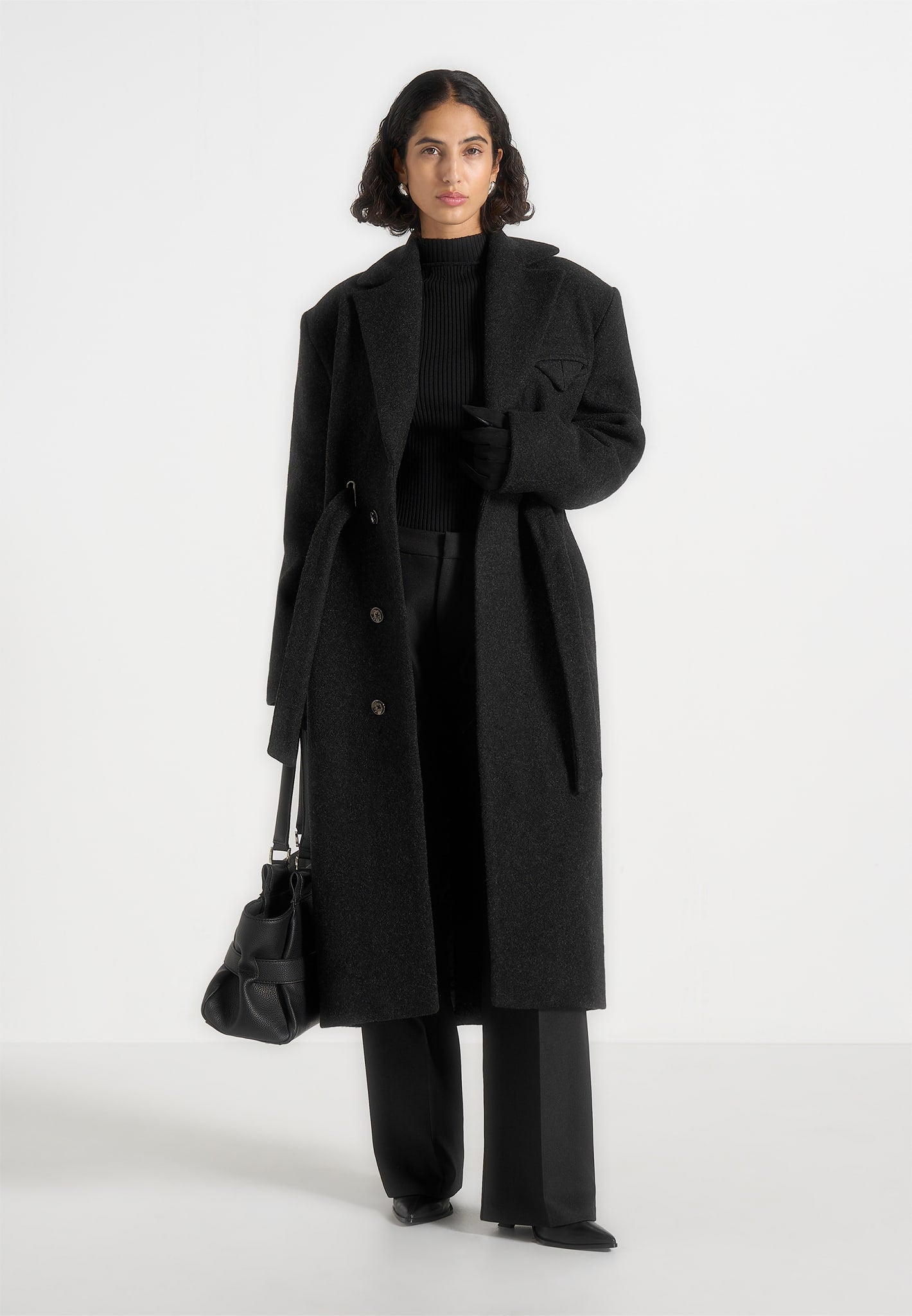Jena - Wide Shoulder Wool Coat with Cinch Belt - Black