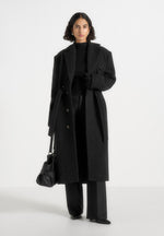 Jena - Wide Shoulder Wool Coat with Cinch Belt - Black