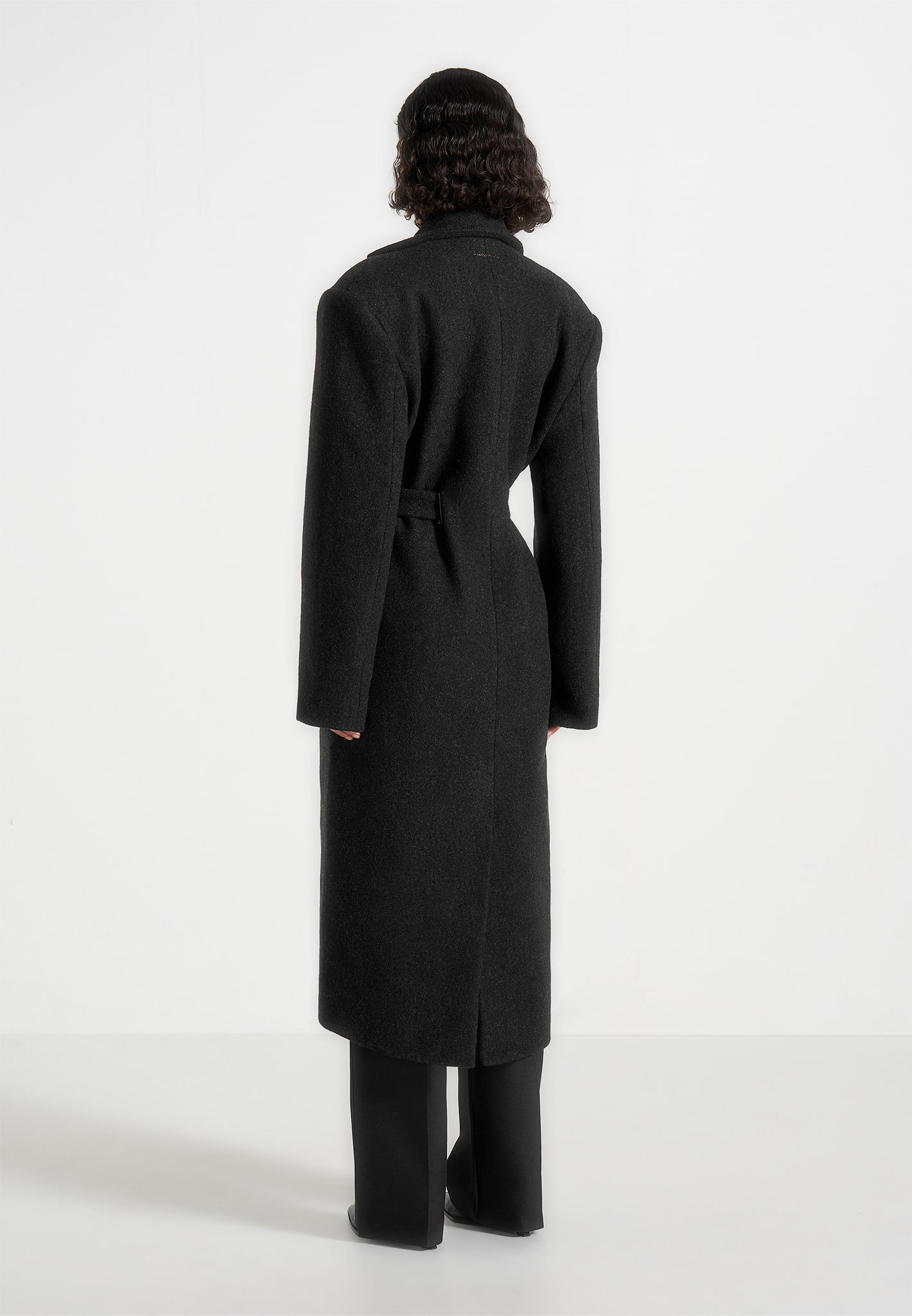 Jena - Wide Shoulder Wool Coat with Cinch Belt - Black