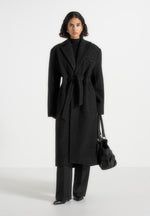 Jena - Wide Shoulder Wool Coat with Cinch Belt - Black