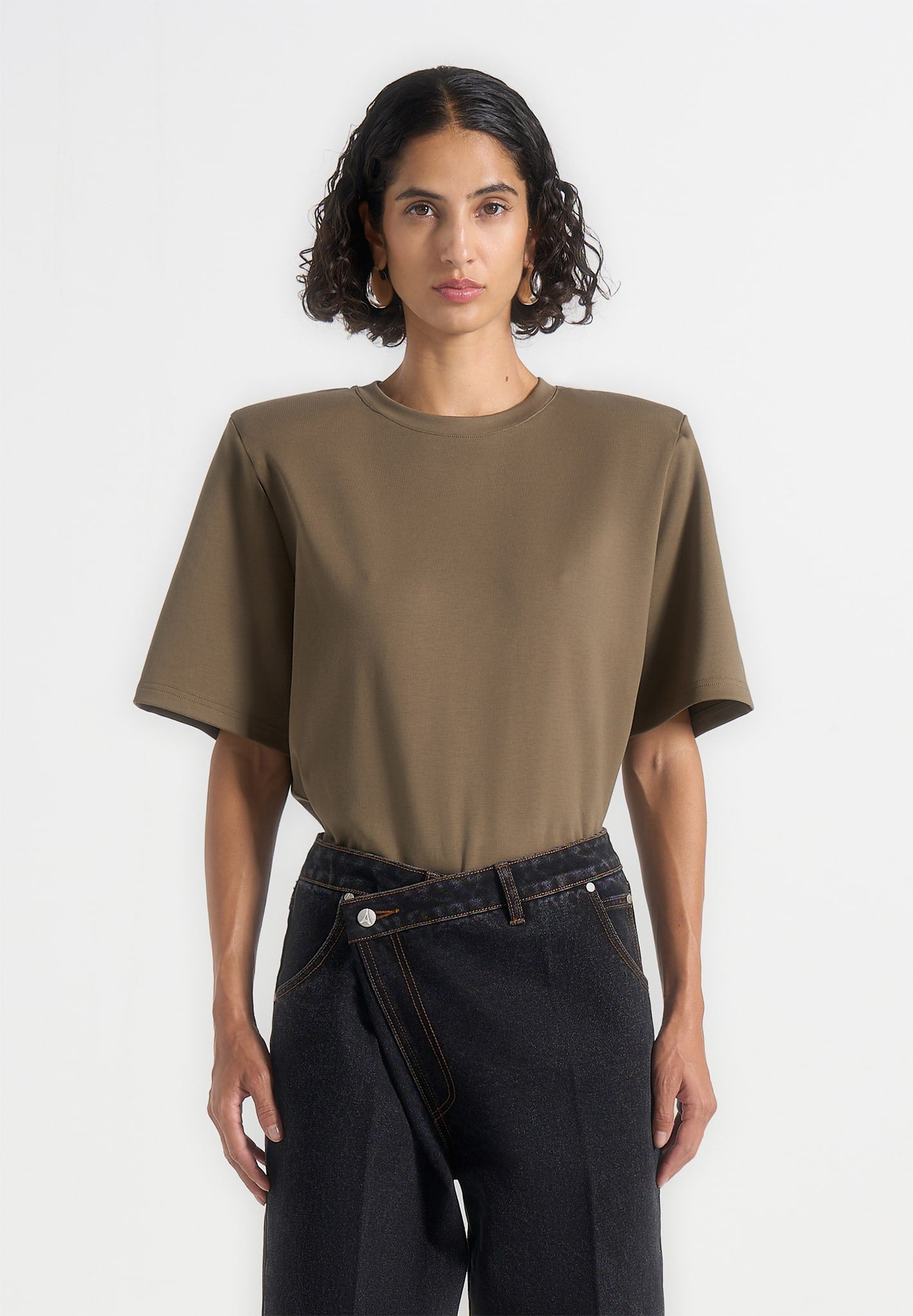 Mia - Wide Shoulder Bodysuit T-Shirt - Olive 
