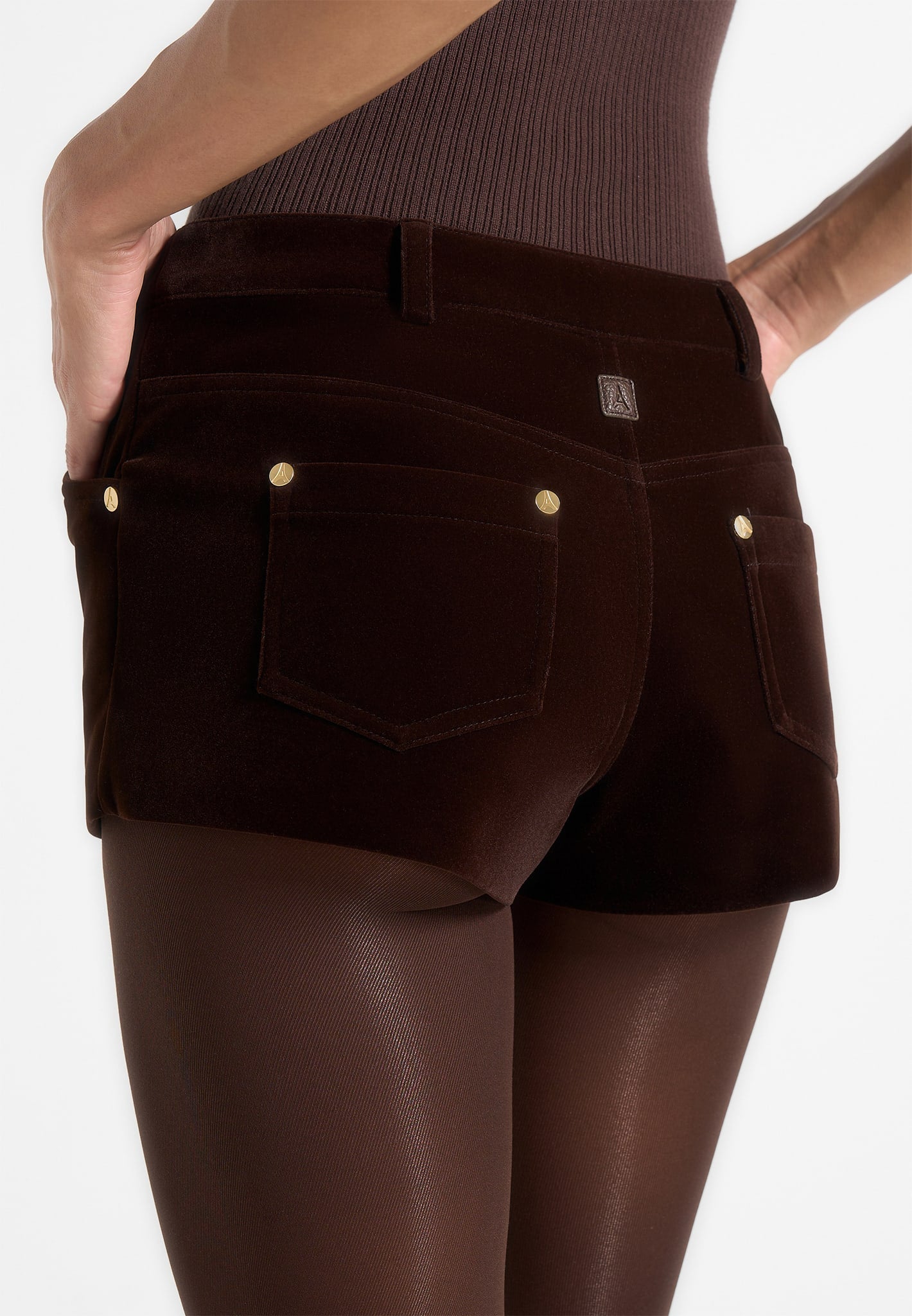 samia-velvet-patent-mini-shorts-brown