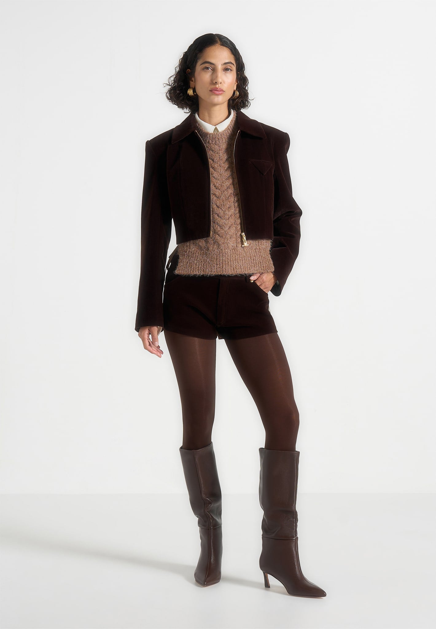 samia-velvet-patent-mini-shorts-brown 