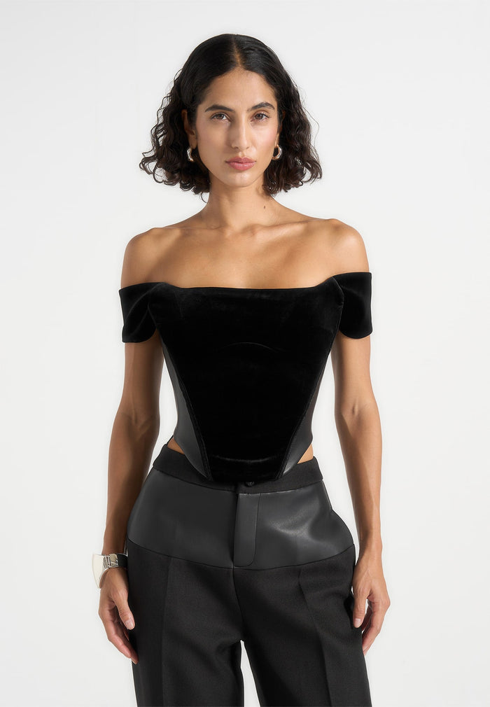 fae-velvet-and-leather-bardot-corset-top-black
