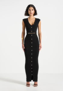 Helene - Knitted Midaxi Dress with Belt - Black