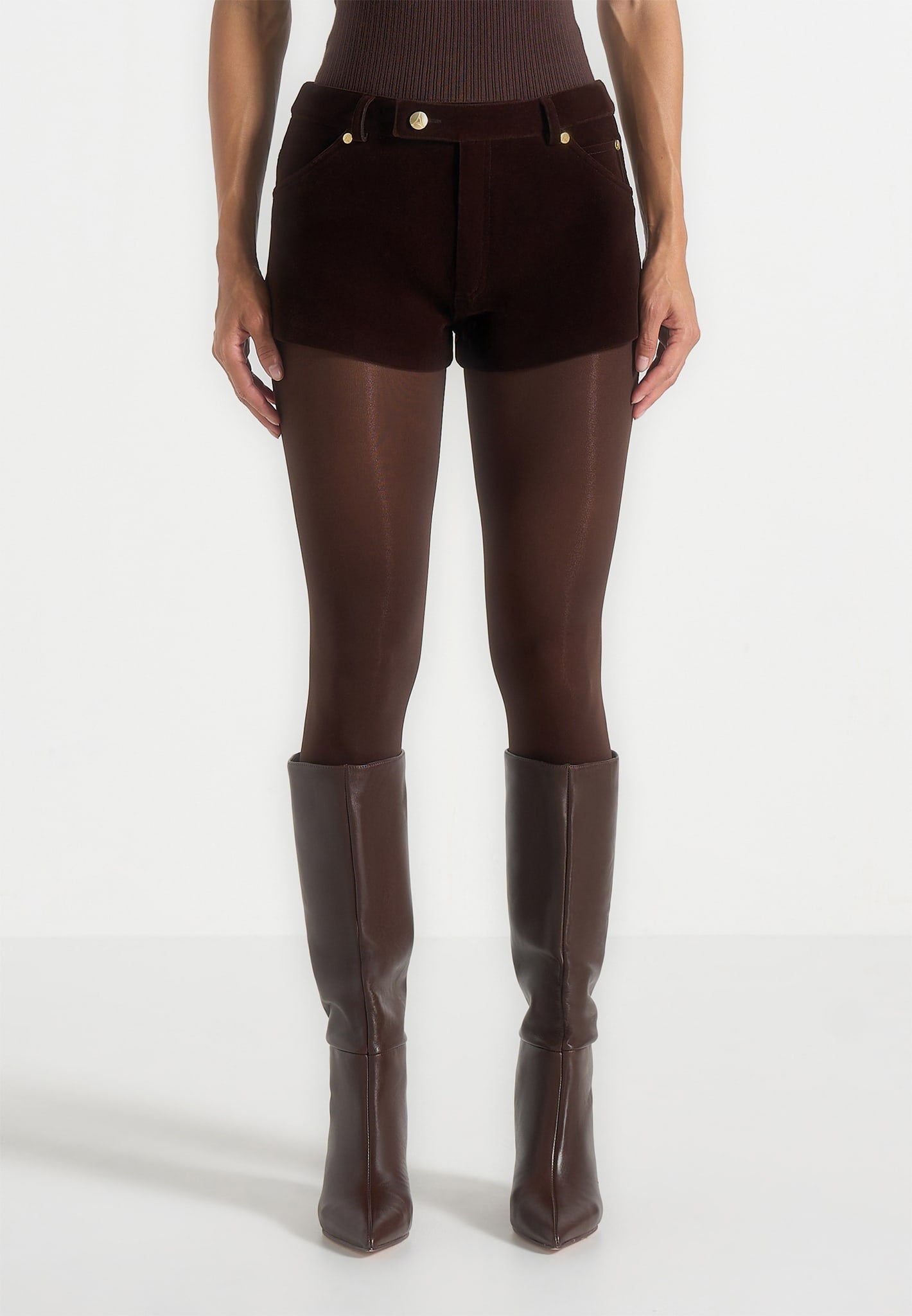 Samia - Velvet Patent Mini Shorts - Brown 