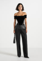 Fae - Velvet & Leather Bardot Corset Top - Black