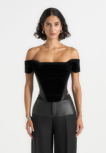 Fae - Velvet & Leather Bardot Corset Top - Black