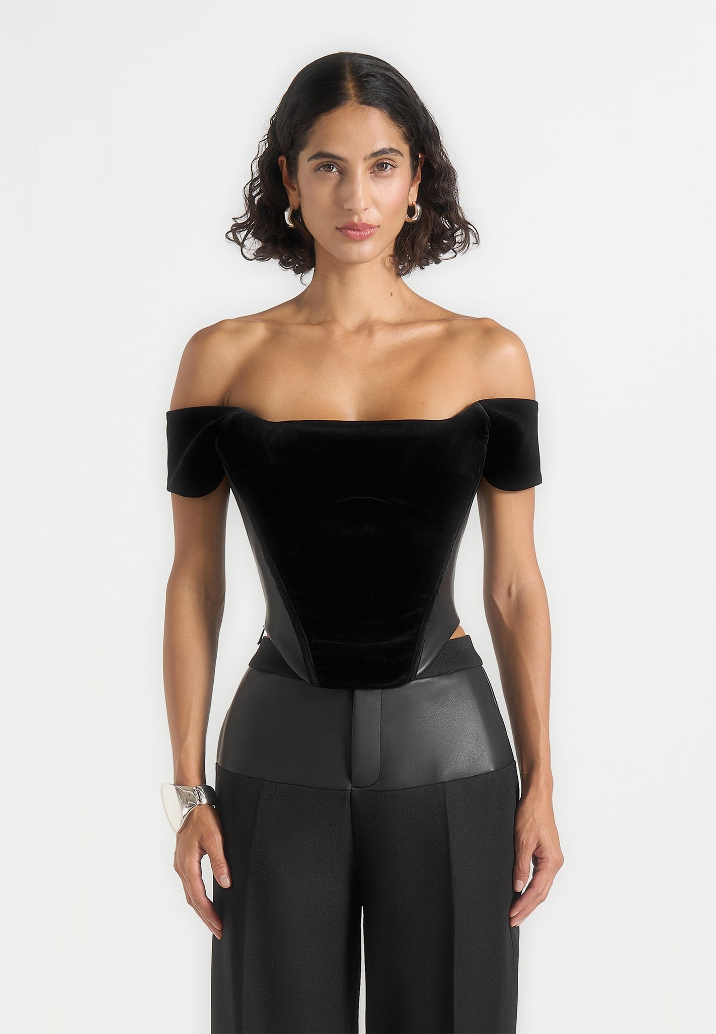 fae-velvet-and-leather-bardot-corset-top-black