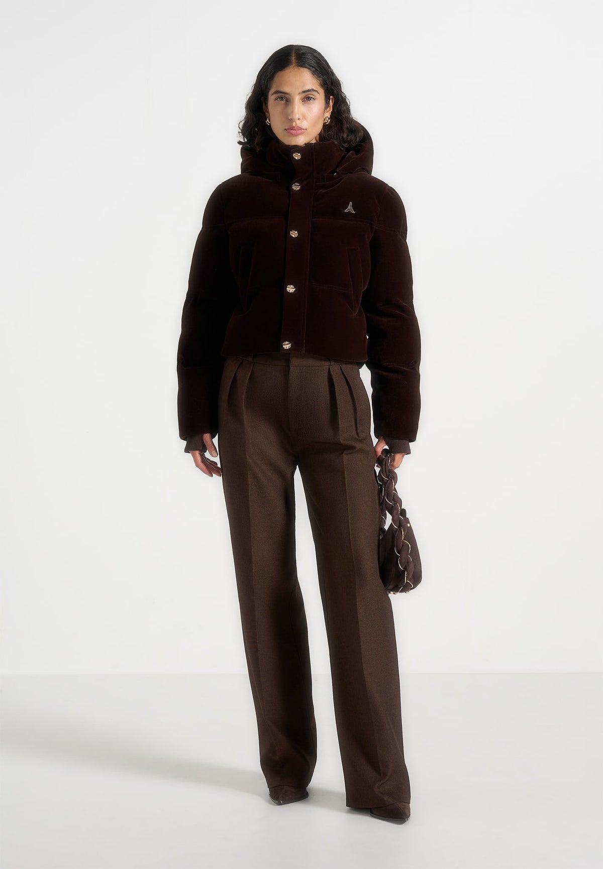 Maeva - Velvet Cropped Puffer Jacket - Brown