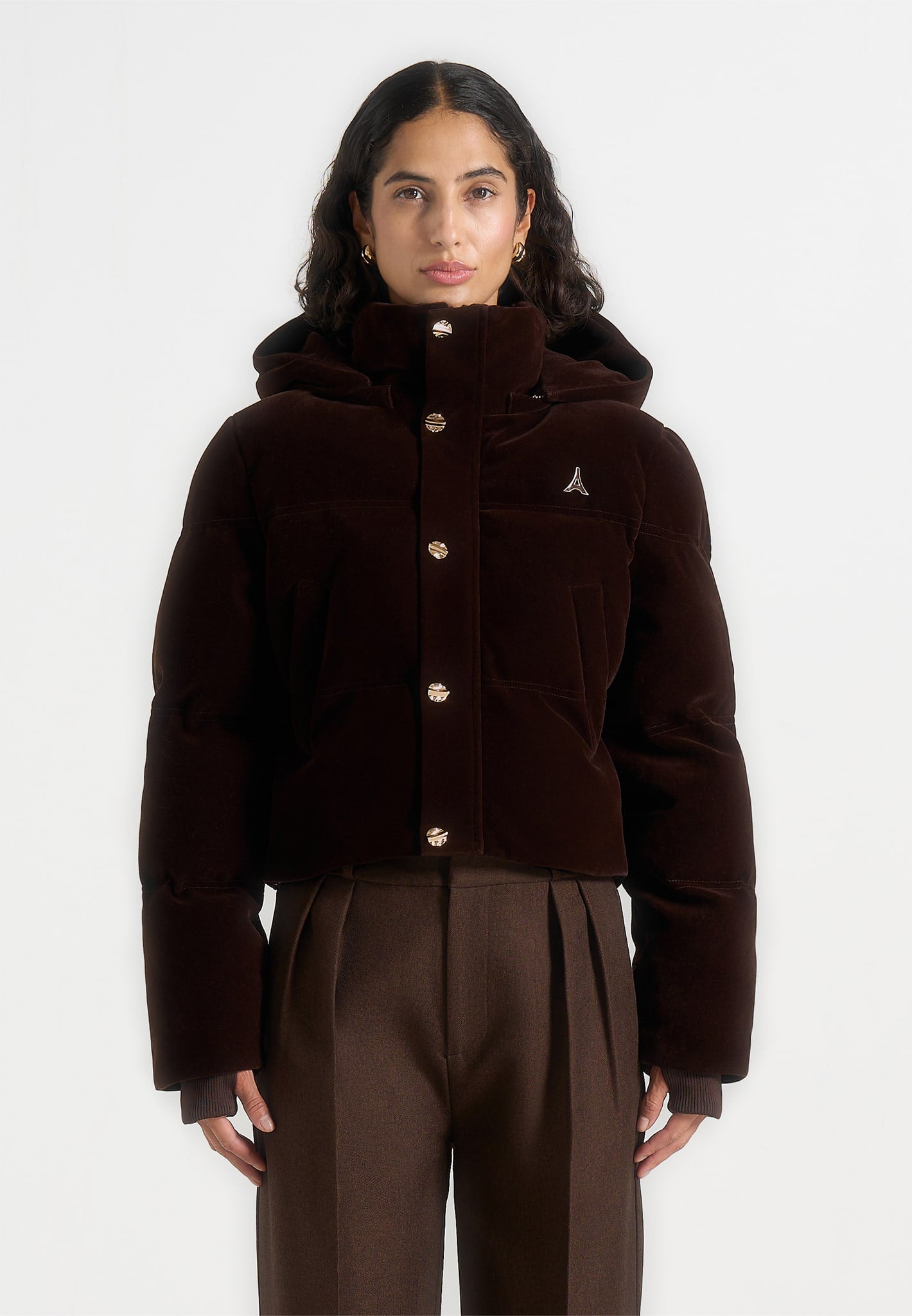Maéva - Velvet Cropped Puffer Jacket - Brown 