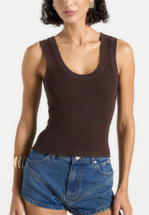 Justine - Scoop Neck Ribbed Tank Top - Brown