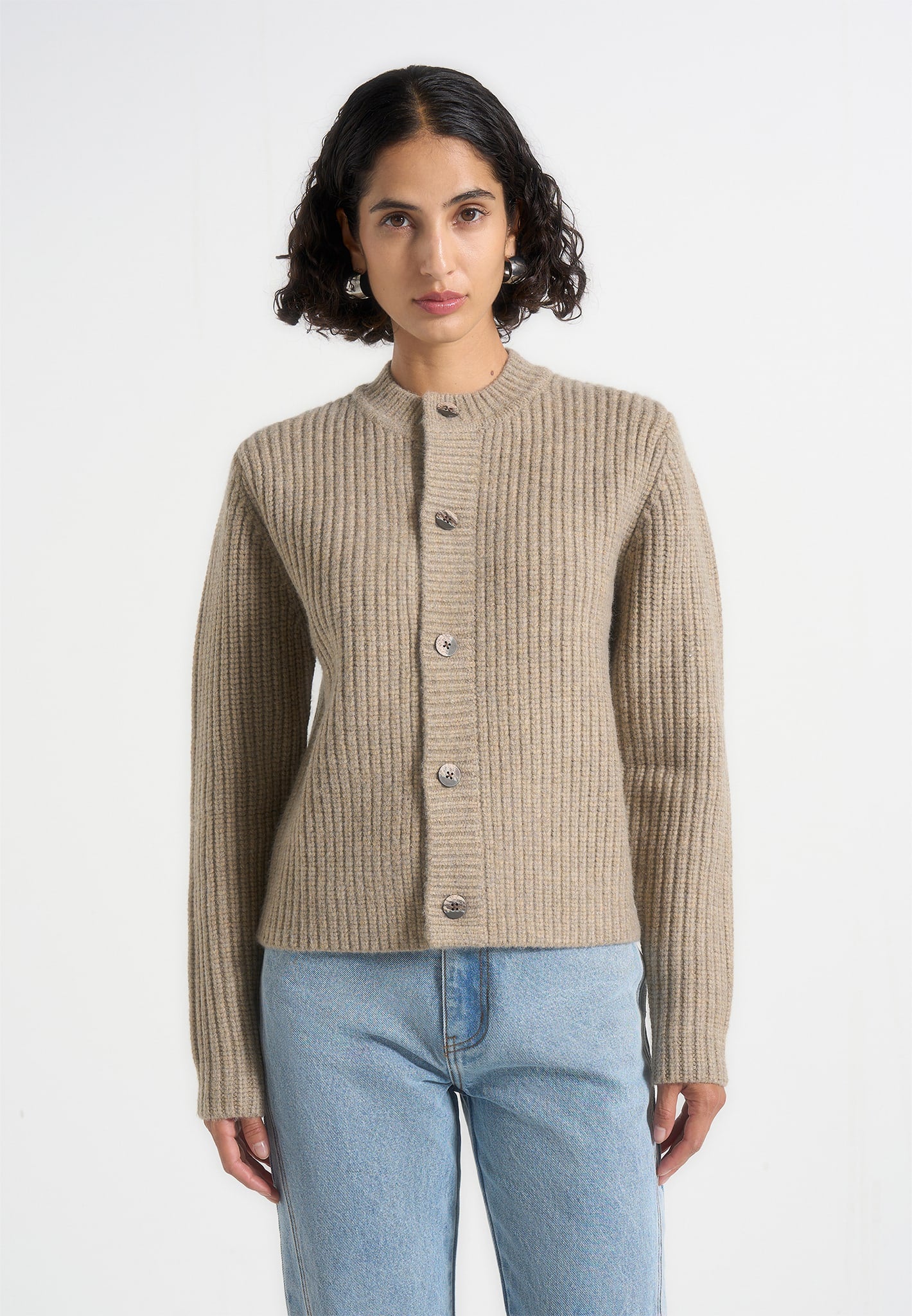 Alix - Unisex Crewneck Ribbed Knit Cardigan - Beige 