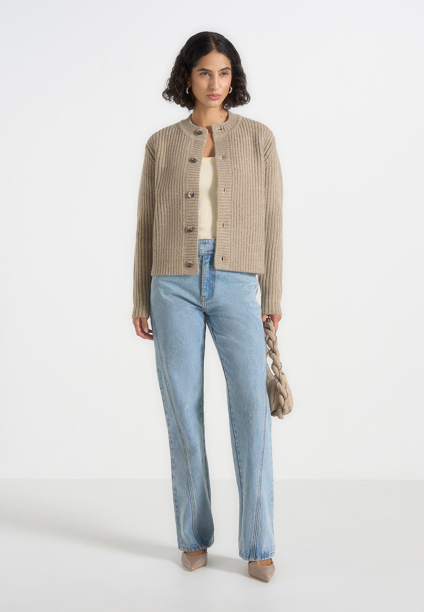 Alix - Unisex Crewneck Ribbed Knit Cardigan - Beige