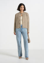 Alix - Unisex Crewneck Ribbed Knit Cardigan - Beige