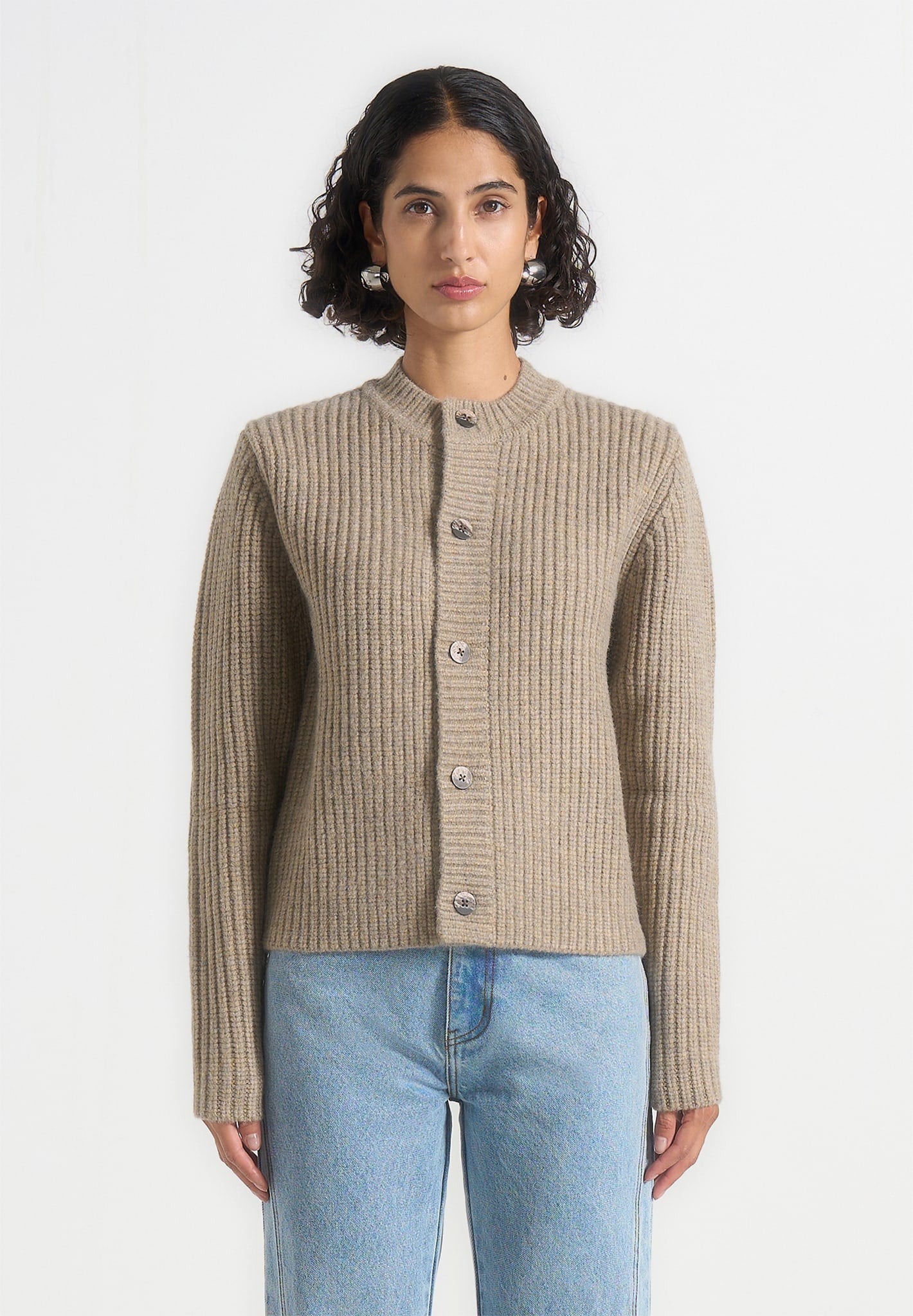 Alix - Unisex Crewneck Ribbed Knit Cardigan - Beige