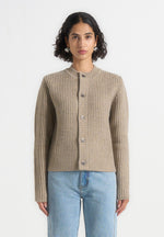 Alix - Unisex Crewneck Ribbed Knit Cardigan - Beige