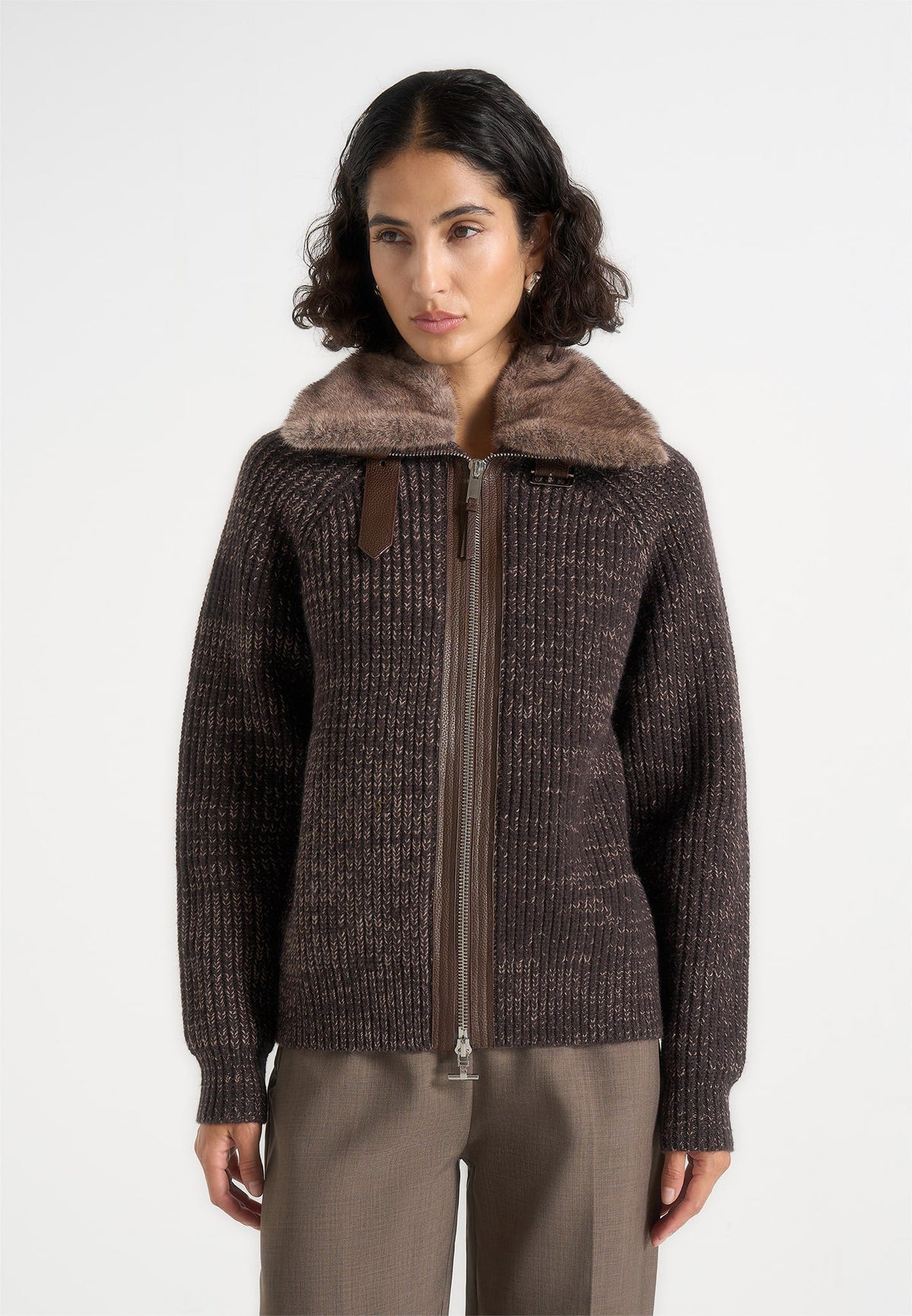 Ariel - Unisex Plush Collar Speckled Knit Jacket - Brown