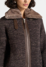 Ariel - Unisex Plush Collar Speckled Knit Jacket - Brown