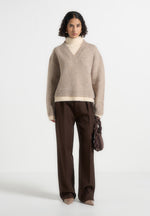 Jacques - Unisex Double Layer V-Neck Knit Jumper - Beige/Cream