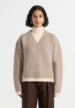 Jacques - Unisex Double Layer V-Neck Knit Jumper - Beige/Cream