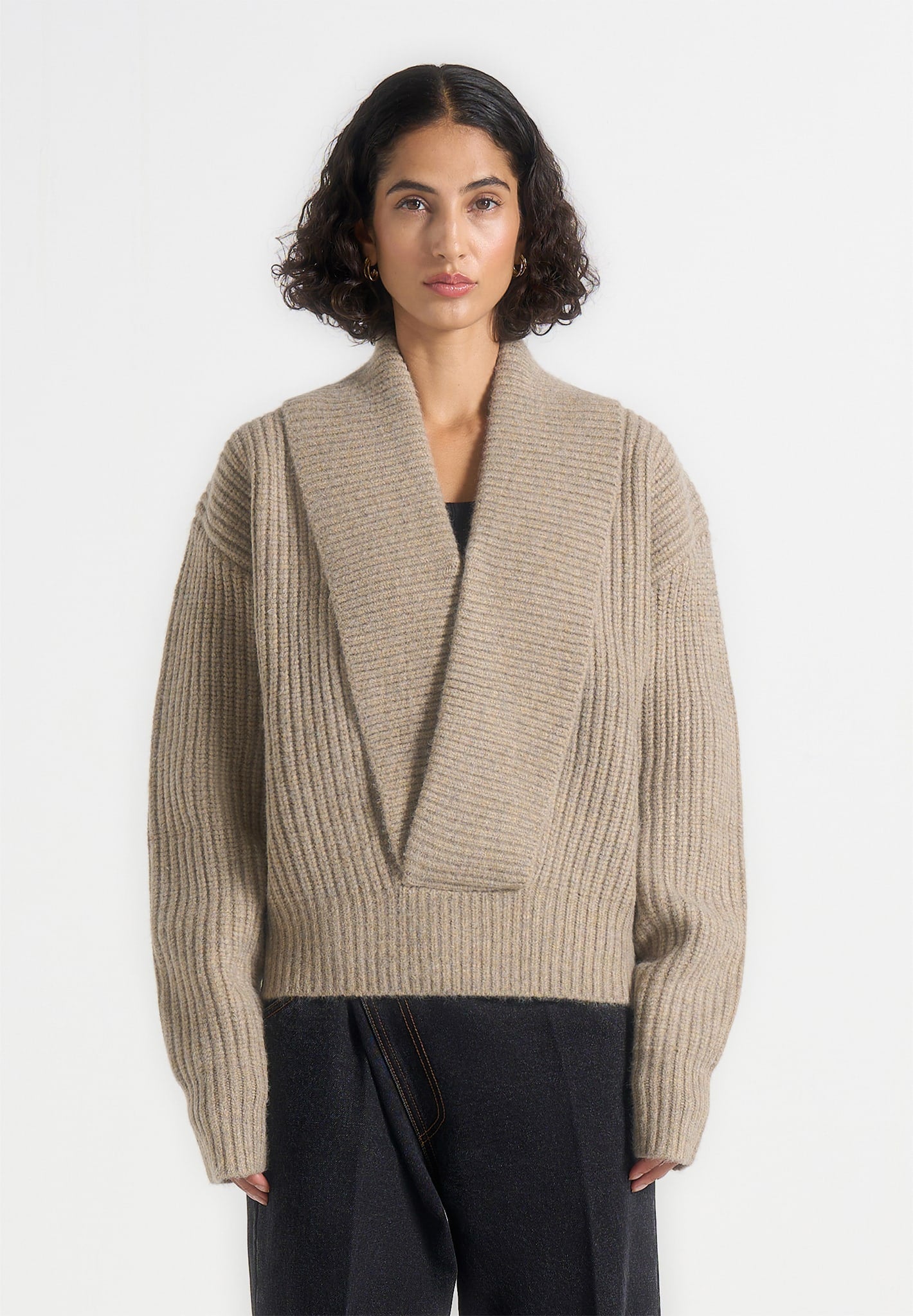 Azra - Plunge Knit Jumper - Taupe