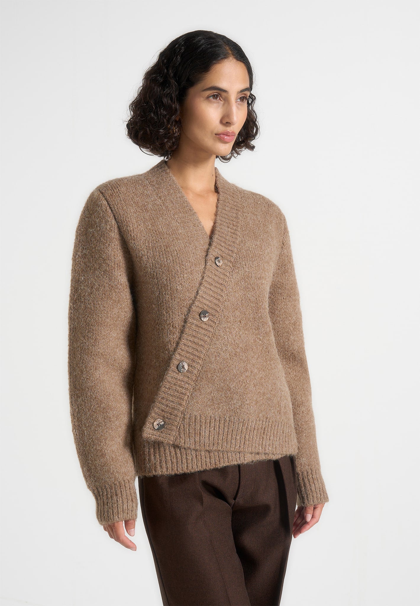Dani - Unisex Asymmetric Brushed Wool Knit Cardigan - Taupe 