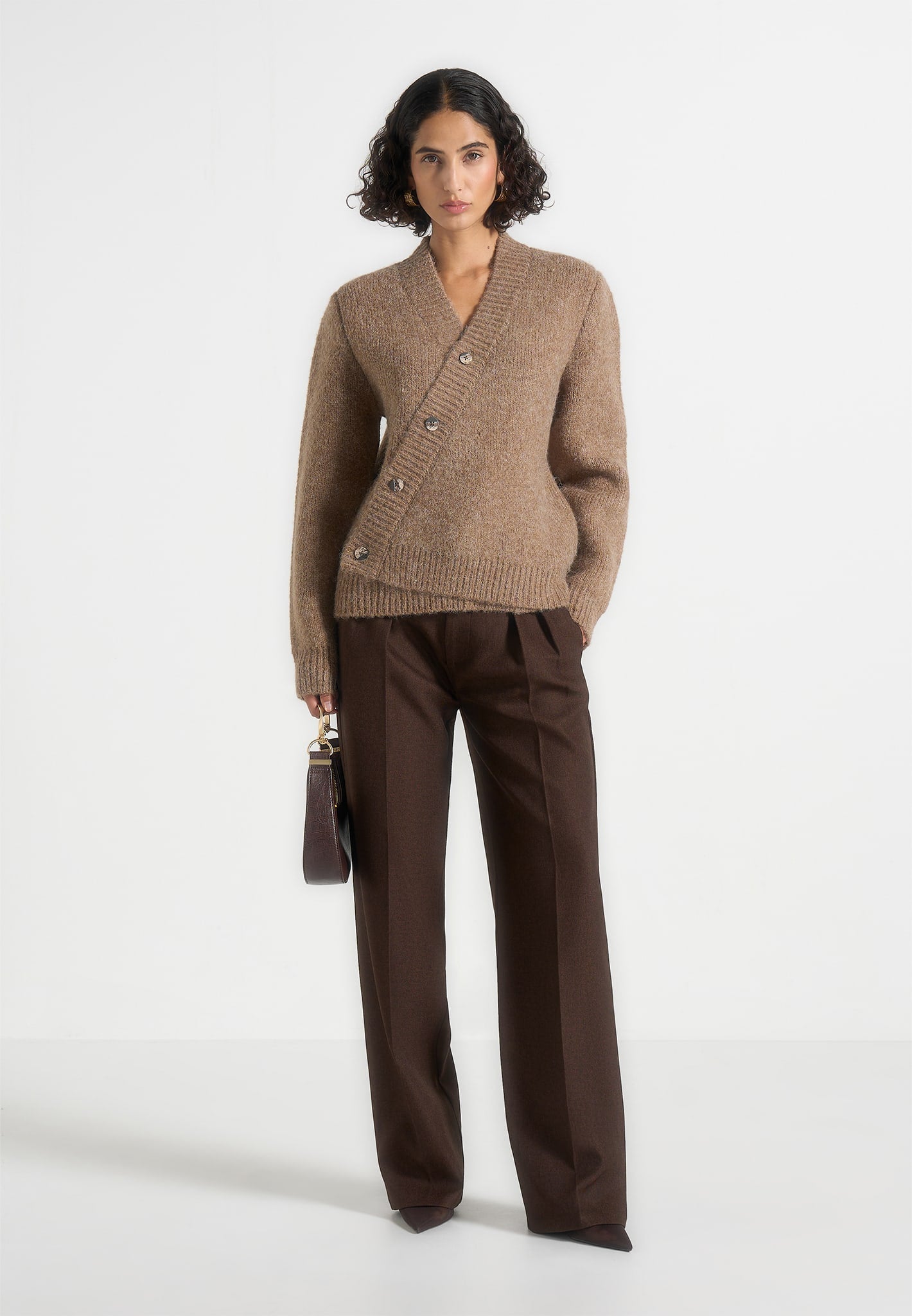 Dani - Unisex Asymmetric Brushed Wool Knit Cardigan - Taupe 