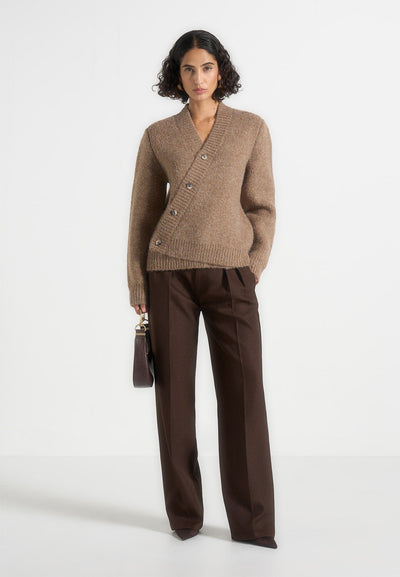 Dani - Unisex Asymmetric Brushed Wool Knit Cardigan - Taupe