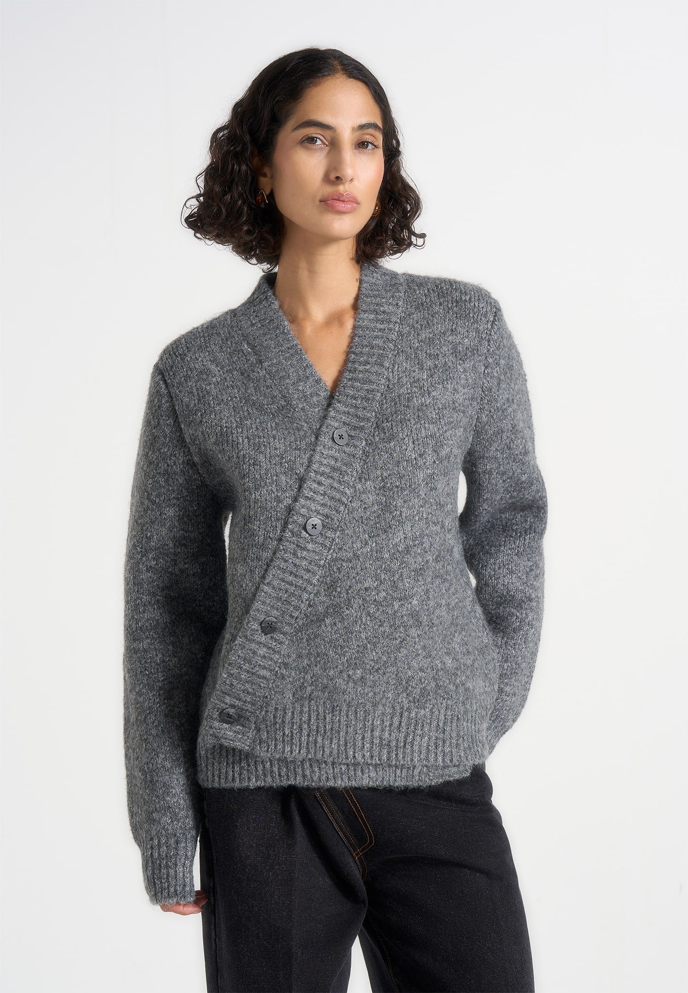 Dani - Unisex Asymmetric Brushed Wool Knit Cardigan - Grey