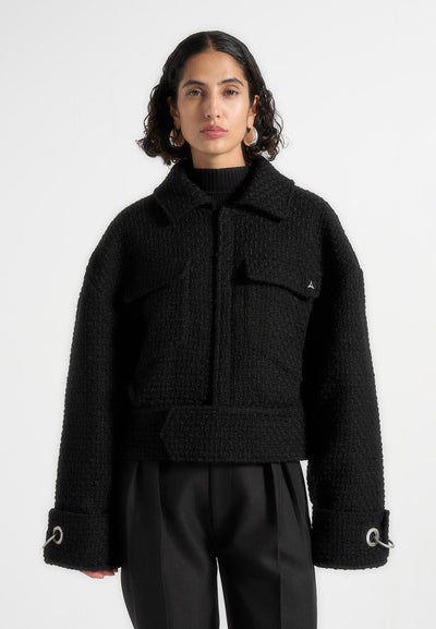 Naela - Boxy Tweed Jacket With Cuff Detail - Black