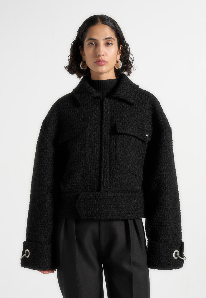 Naela - Boxy Tweed Jacket With Cuff Detail - Black